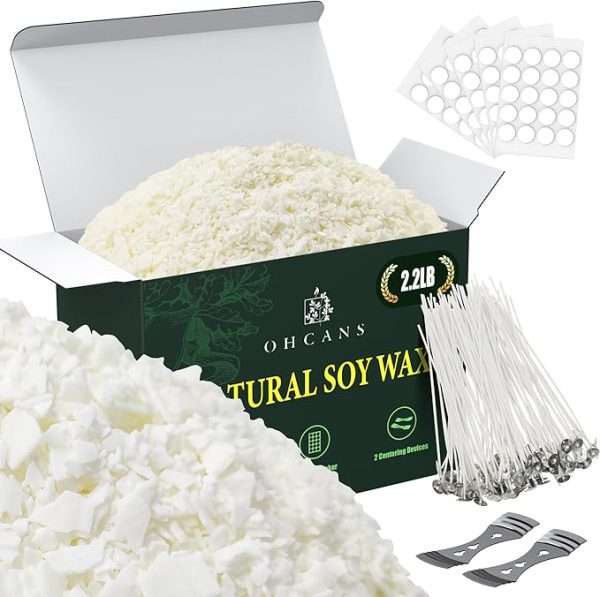 Soy Candle Wax for Candle Making, 2.2lbs Natural Soy Candle Wax, Premium Soy Wax for Candle Making, 100 Cotton Candle Wicks, 100 Wick Stickers, & 2 Wicks Holder